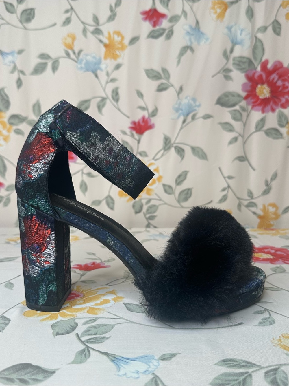 JEFFREY CAMPBELL | Lindsay Brocade Heel Black Faux Fur | Women’s Size 7